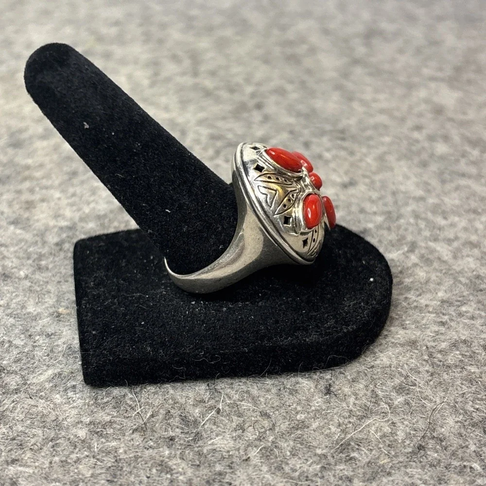 Jean Lin Red Coral Ring 925 Sterling ilver Floral Statement Size 7.5 13g
